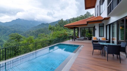 Fototapeta premium Luxurious tropical villa with infinity pool modern outdoor living space and breathtaking mountain views in a tranquil natural setting perfect for a relaxing vacation or retreat