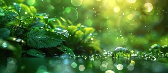 Dewdrops on Green Leaves in a Lush Forest