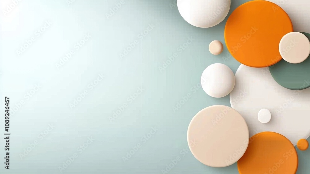 Poster pastel toned arrangement of various sized geometric spheres orbs and balls on a clean minimalistic a