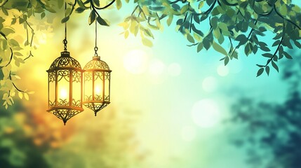 one hanging Islamic lanterns on a blurry light background. it will be on the left side of the artboard, generative ai