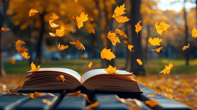 autumn, a book lies on a bench, the pages of the book are blown by the wind, yellow leaves