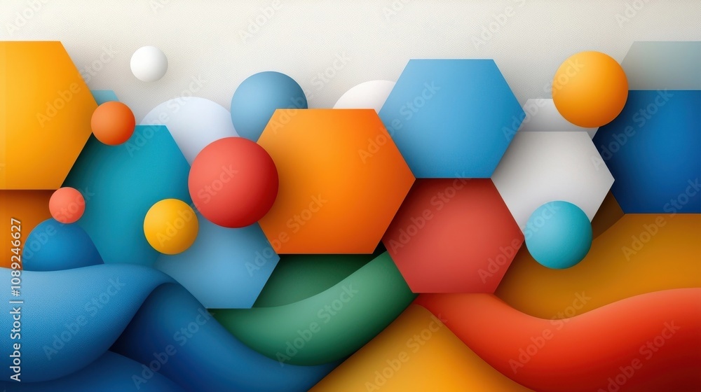 Poster vibrant geometric shapes composition with abstract layered patterns and contrasting colors minimalis