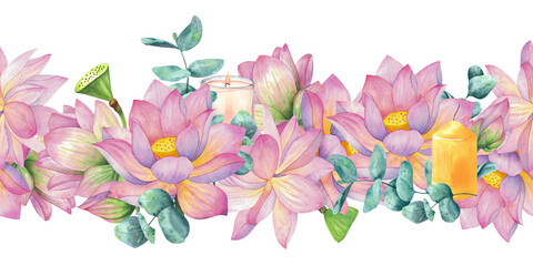 Pink lotuses, buds and flowers, eucalyptus branches, candles. Seamless pattern, border. Watercolor illustration isolated on background. Blank For design, decor and printing, textiles