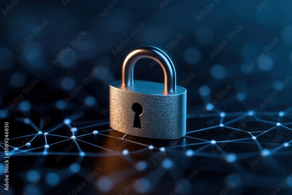 Poster digital security concept with a padlock on a network background