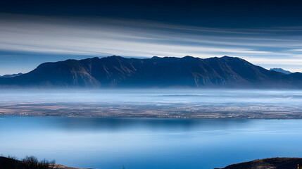 Obraz premium Serene landscape photography featuring a majestic mountain range shrouded in mist, overlooking a vast expanse of land and water. A peaceful and tranquil scene.