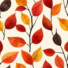 seamless background concept. A colorful pattern of autumn leaves in shades of red, orange, and yellow against a light background, evoking a warm, seasonal vibe.