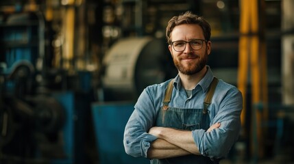 Fototapeta premium A smiling man in an apron stands confidently in an industrial workshop.