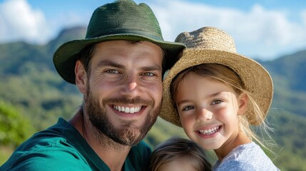 Joyful father and daughter hiking in scenic mountain landscape bonding and exploring the great outdoors together on an adventurous family vacation or excursion