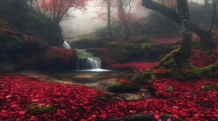 A stunning autumn landscape showcasing mossy rocks and a flowing stream through a wooded area in Spain. The natural beauty of the forest is enhanced by vibrant red leaves scattered on the ground, capt