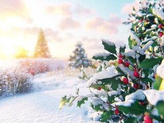 Snow-dusted holly leaves and berries close-up details