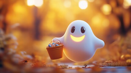 A friendly cartoon ghost holding a bucket of candy in a magical autumn forest.
