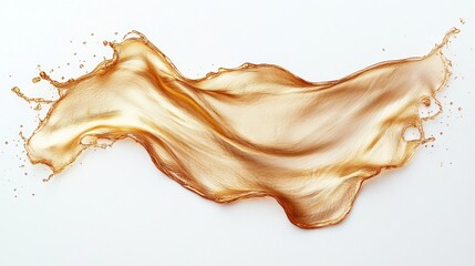 Golden liquid splash, dynamic flow on white.
