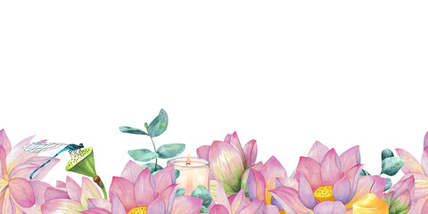Fototapeta premium Pink lotuses, buds and flowers, eucalyptus branches, candles and insects. Seamless pattern, border. Watercolor illustration isolated on background. Blank For design, decor and printing