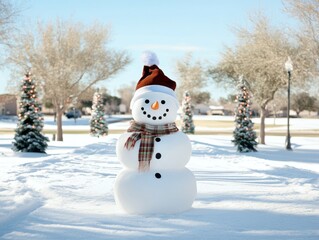 Naklejka premium Snowman with a festive scarf and hat surrounded by decorated trees