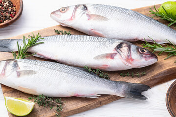 Raw sea bass fish photography . Top view