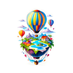 Obraz premium illustration of Hot Air Balloon and Floating Island surrounded by colorful flowers on white background