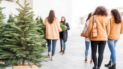 Naklejka premium Snowy Christmas tree farm with rows of evergreens people picking their tree
