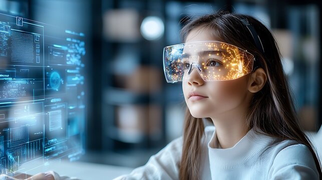 The futuristic scholar teen girl sits in her high tech classroom, surrounded by holographic displays and advanced learning tools