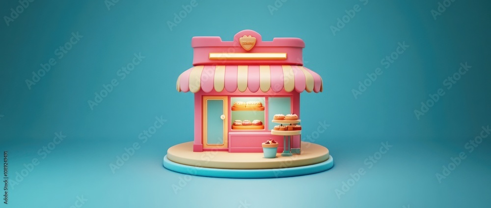 Poster a colorful miniature bakery storefront with pastries displayed.