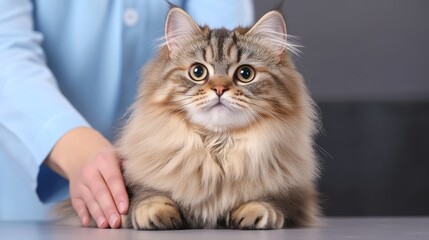 Gentle affection, a cat's serene moment of connection with caressing hand on tabletop