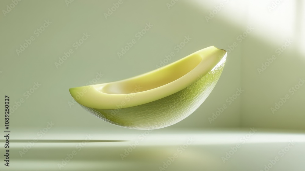 Poster a floating slice of green melon, showcasing its smooth texture and vibrant color.