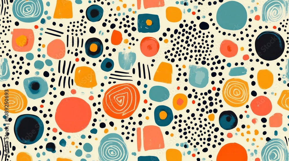 Poster with playful dots and colorful shapes, this seamless retro abstract pattern is tilable