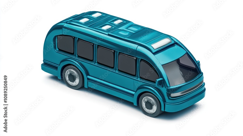 Poster a sleek, turquoise toy bus model designed for play and display.