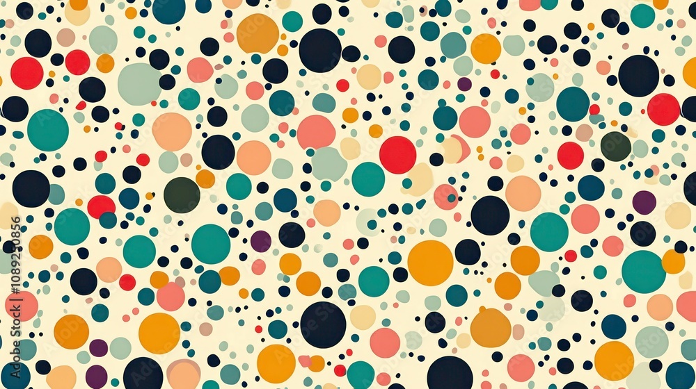 Poster with playful dots and colorful shapes, this seamless retro abstract pattern is tilable