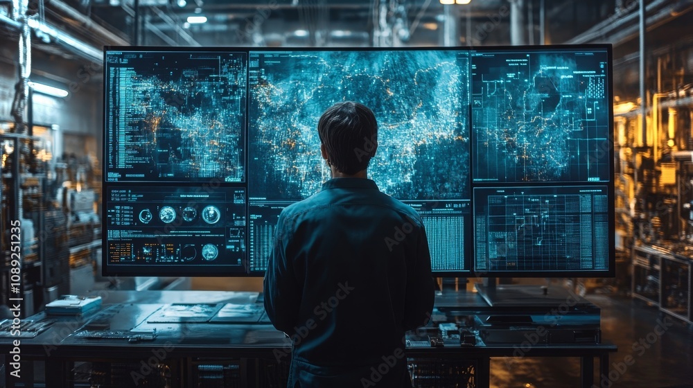 Poster engineer interacting with holographic displays in a futuristic workspace during evening hours