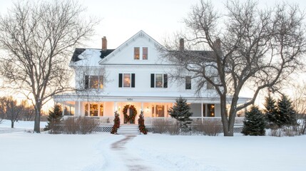 Victorian-style Christmas house with elaborate decorations warm light from windows