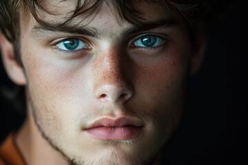 closeup portrait of a young person with striking blue eyes and natural beauty