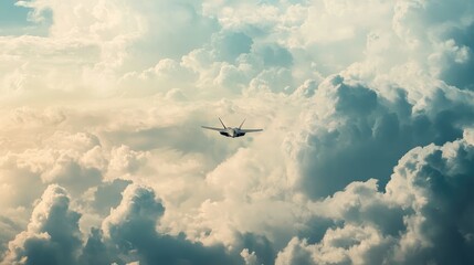 F22 Raptor flying high above a serene sky filled with fluffy white clouds, showcasing its sleek design against the backdrop of a vast blue atmosphere.