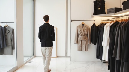 Young businessman in black blazer browsing luxury clothing store with minimalist white interior, floating racks displaying designer suits and coats