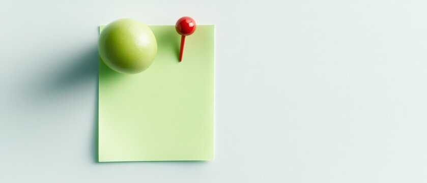 green sticky note with a push pin and a green apple, ideal for reminders and organization