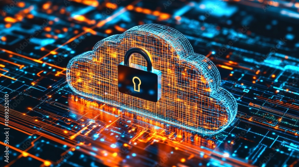 Poster cloud-shaped padlock device surrounded by technical patterns on dark blue background - futuristic cl