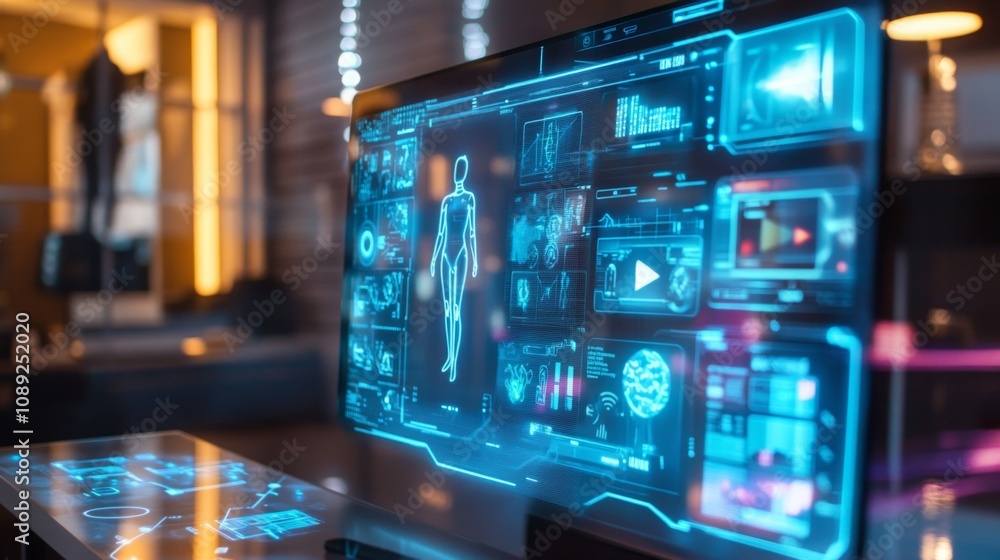 Poster A large computer monitor displays a digital human figure with glowing blue lines. The screen is divided into multiple windows with a variety of data, graphs, and symbols.