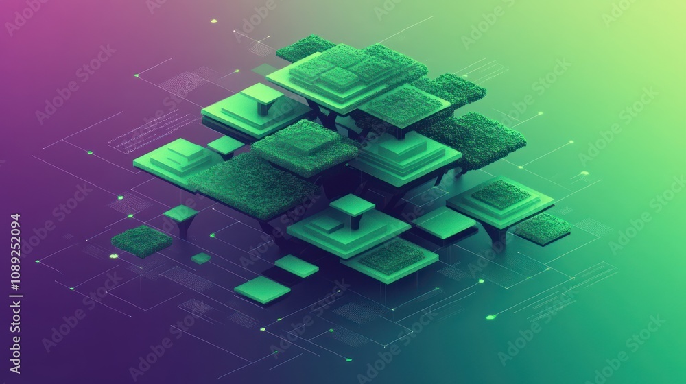 Poster a digital landscape featuring layered green platforms with grass, set against a gradient background.