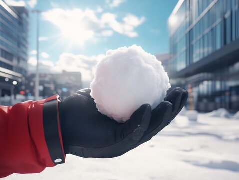 Warm mittens holding a snowball snowy winter day