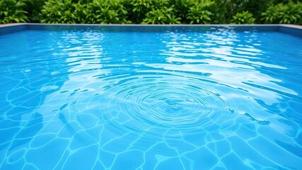 Blue swimming pool water with ripples and waves surrounded by lush greenery, serene atmosphere, wave movement