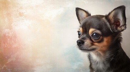 Charming Chihuahua puppy gazing over a soft pastel backdrop ideal for creative advertisements, birthday invitations, or customizable designs.