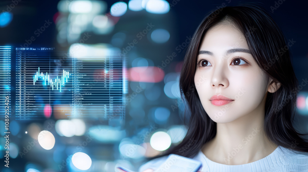 Aufkleber female developer analyzing data trends for mobile app project