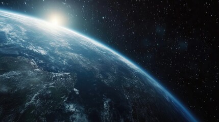 Fototapeta premium Astronaut Exploring Deep Space with Earth in View Surrounded by Stars and a Sunrise on the Horizon