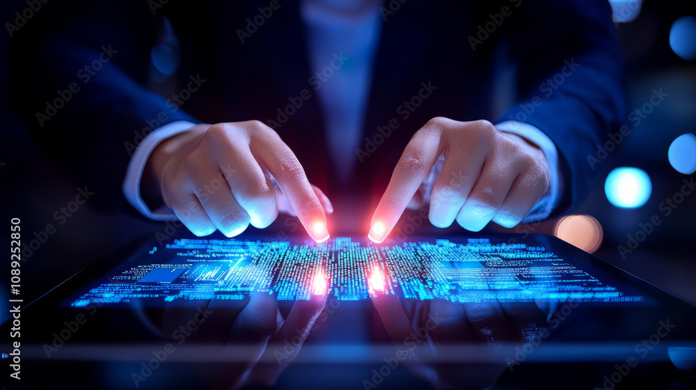 Poster professional reviewing data on tablet with glowing interface