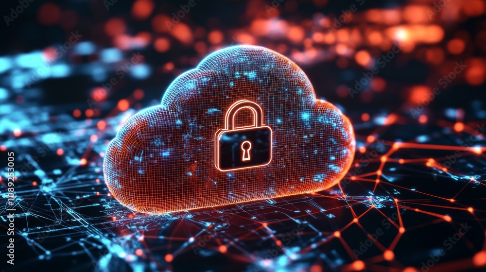 Poster secure cloud computing concept with padlock, network lines, and futuristic technological lights on d