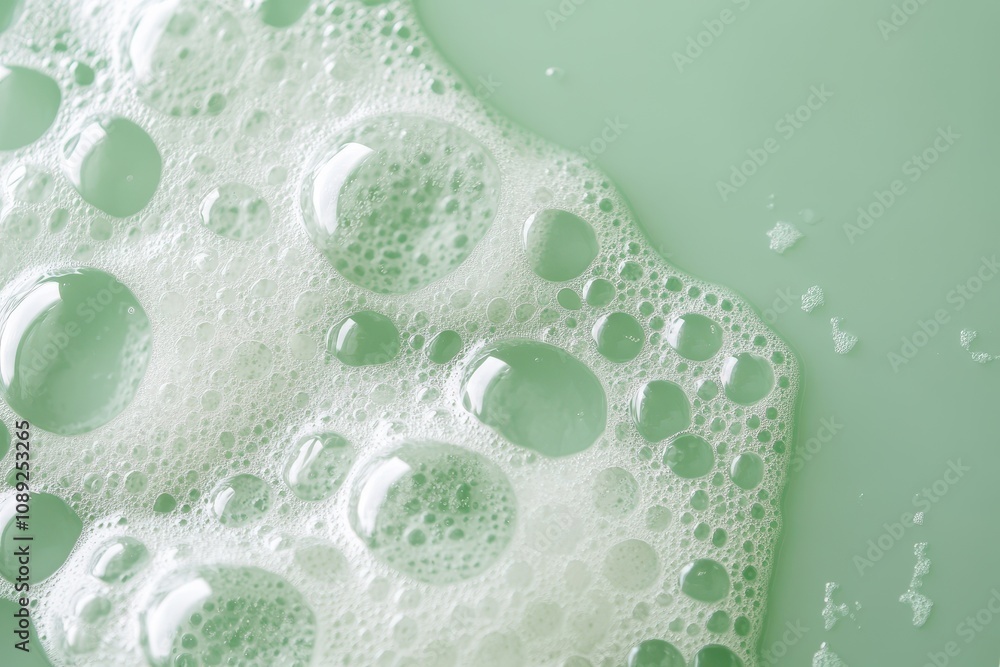 Poster a close-up of soapy bubbles on a green background with different sizes of bubbles