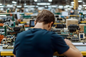 Factory Technician Workers Working on Chipboard &ndash; Electronics Manufacturing, Skilled Labor, and Industrial Production