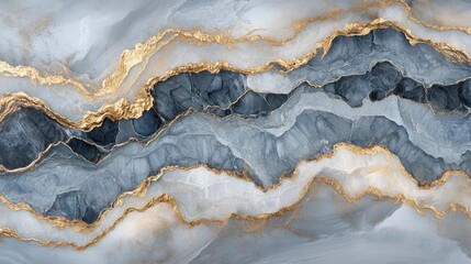 Naklejka premium Acrylic fluid art with blue waves and shimmering gold accents, creating an abstract stone-like texture with layered gray and white tones.