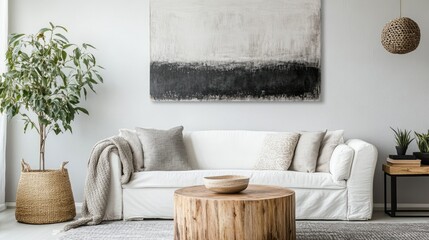Minimalist living room with white sofa, wooden coffee table, neutral decor, abstract wall art, and potted plants adding a touch of greenery to the serene atmosphere