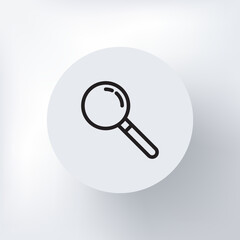 A minimalist magnifying glass icon symbolizing research in a circle on a light gray background.