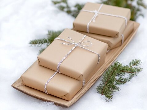 Wooden sled with wrapped presents and pine branches snow-covered setting